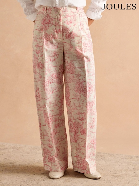 Joules Pink & Cream Toile De Jouy Linen-Rich Trousers (E02237) | £69