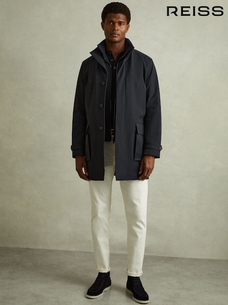 Reiss Navy Player Hybrid Removable Funnel Neck Overcoat (E02269) | £328