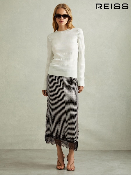 Reiss Black/Ivory Ivy Striped Lace Trim Midi Skirt (E02272) | £44