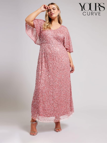 Yours Curve Pink Luxe Embellished V-Neck Angel Sleeve Maxi Dress (E02770) | £140