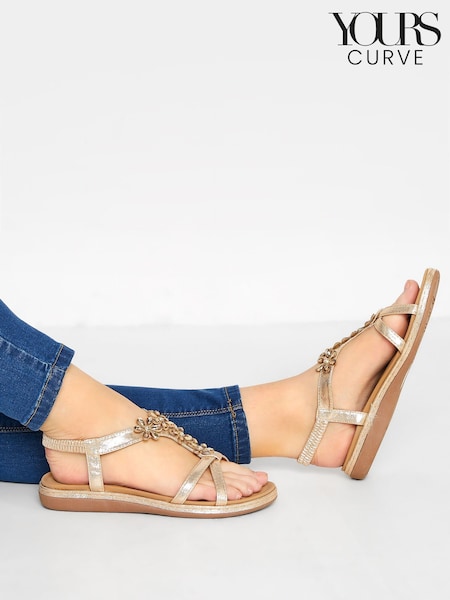 Yours Curve Gold Glitter Extra Wide Fit Floral Diamante Studded Sandals (E02780) | £29