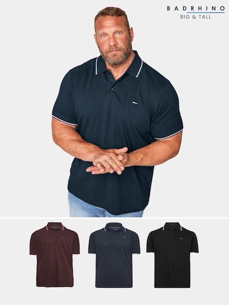 BadRhino Big & Tall Blue 100% Cotton Tipped Core Polo Shirt 3 Pack (E03117) | £19