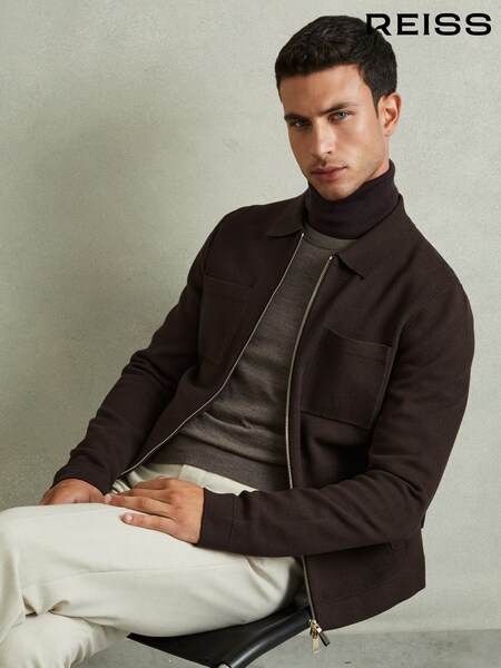 Reiss Chocolate Brown Rivers Knitted Zip-Through Jacket (E04286) | £118