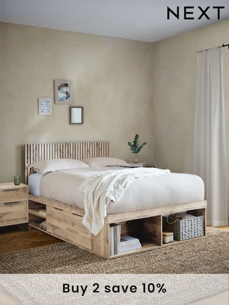 Light Oak Effect Slatted Headboard Bronx Platform Bed Frame with Storage (E04302) | £799 - £899