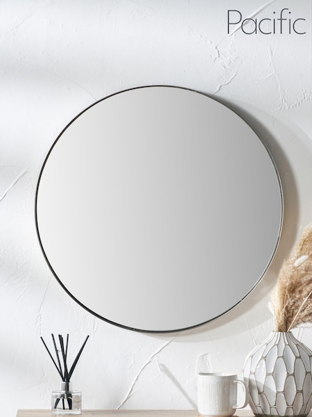Pacific Brushed Silver Slim Frame Round Wall Mirror Medium (E04352) | £150
