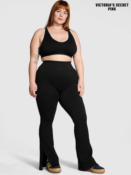 Victoria's Secret PINK Black Seamless Cable Knit High Waist Flare Leggings (E04674) | £45