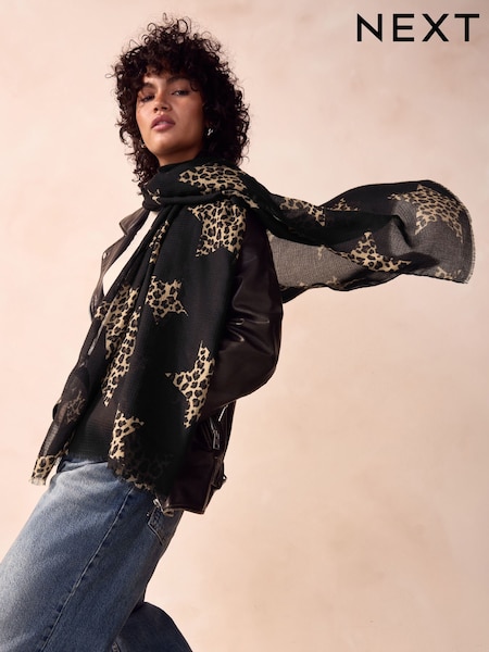 Black/Animal Print Lightweight Scarf (E04790) | £7