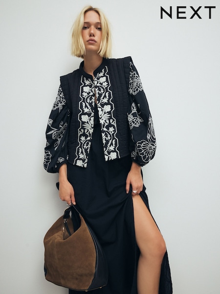 Black Embroidered 100% Cotton Padded Gilet (E04792) | £42