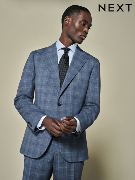 Blue Tailored Fit Wool Blend Check Jacket (E04820) | £114