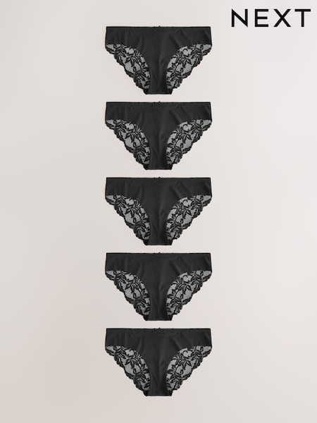 Black Brazilian No VPL Lace Back Briefs 5 Pack (E05005) | £26