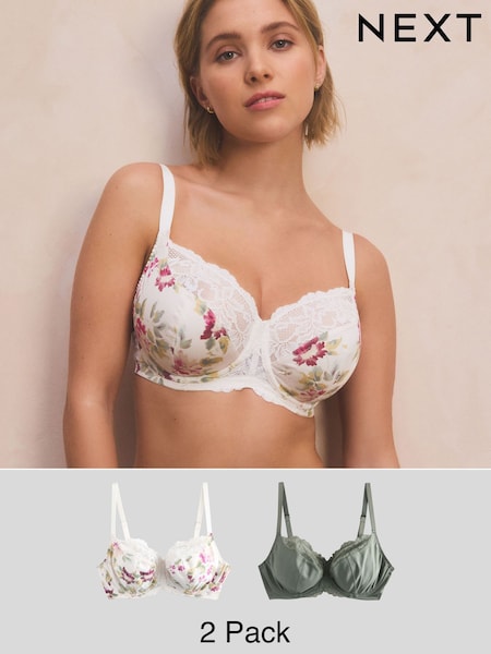 Cream Floral/ Khaki Green 2 Pack DD+ Non Pad Wired Full Cup Microfibre Lace Bra (E05567) | £32