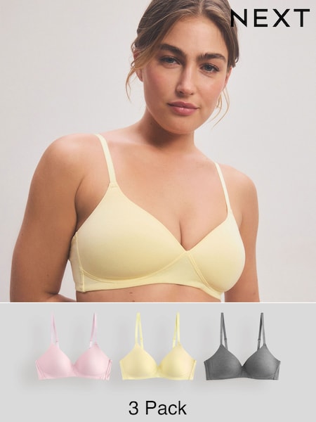 Yellow/Grey Pad Non Wire Cotton Blend Ultimate Comfort Bras 3 Pack (E05571) | £28