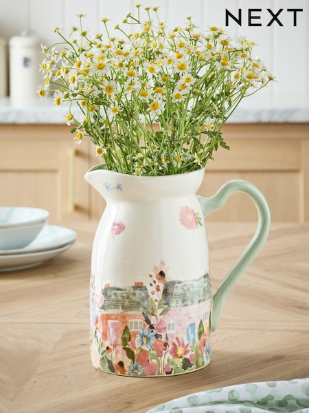 White/Pink House Scene Jug Vase (E05693) | £16