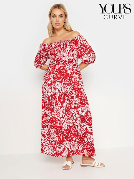 Yours Curve Red Maxi Shirred Square Neck Dress (E05738) | £37