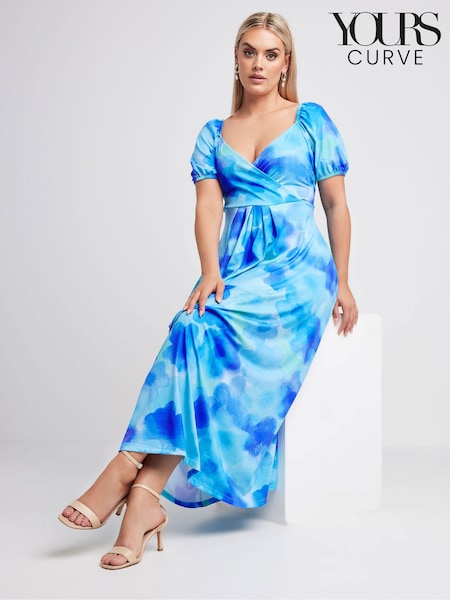 Yours Curve Blue Limited Collection Blur Floral Print Wrap Maxi Dress (E05756) | £37
