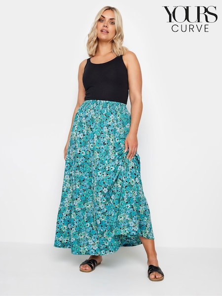 Yours Curve Blue Floral Print Textured Tiered Maxi Skirt (E05793) | £29