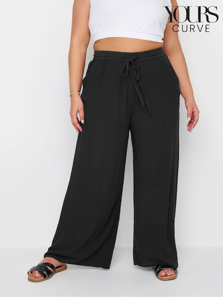Yours Curve Black Abstract Print Crinkle Drawstring Trousers (E05836) | £26