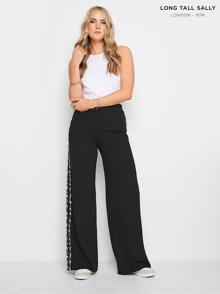 Long Tall Sally Black Leopard Print Side Stripe Wide Leg Trousers (E05908) | £39