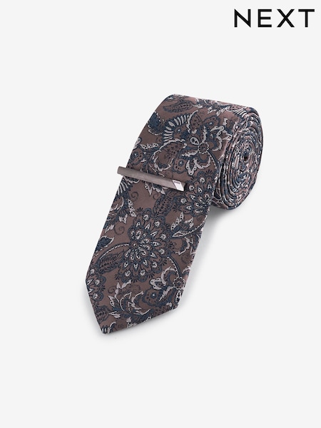 Neutral Brown/Blue Paisley Slim Design Tie And Clip (E05914) | £16