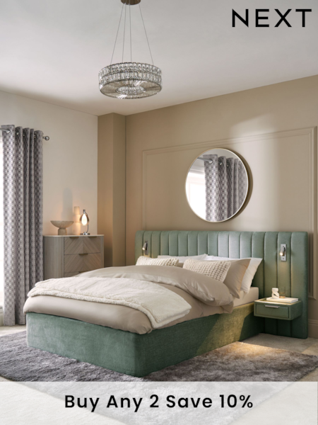 Plush Chenille Slate Teal Blue Mayfair Upholstered Hotel Bed Frame with Ottoman Storage Bedside Tables and Lights (E06056) | £1,365 - £1,465