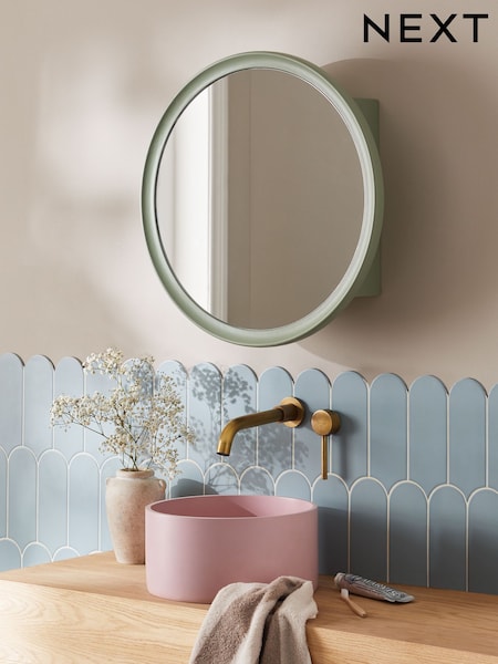 Sage Green Round Frame Wall Mirror Cabinet (E06115) | £95