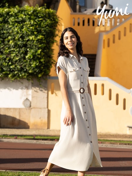Yumi Natural Viscose Look Midi Shirt Dress With Wooden Belt (E06161) | £55