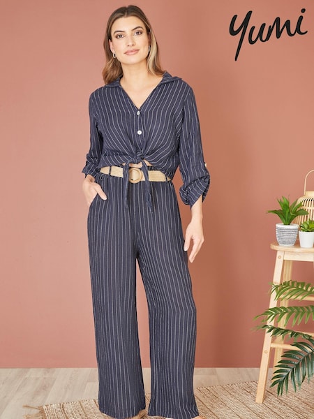Yumi Blue Italian 100% Linen Wide Leg Trousers With Belt (E06166) | £45