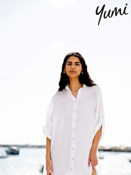 Yumi White Relaxed Fit 100% Linen Longline Shirt (E06169) | £55