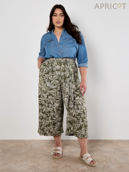 Apricot Green Batik Leaf Belted Culotte Trousers (E06232) | £35