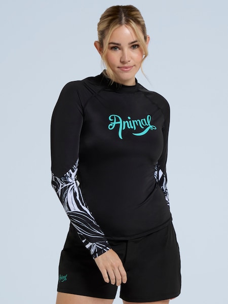 Animal Charcoal Black Womens Lillie Printed Panel Quick Drying Rash Vest (E06481) | £45