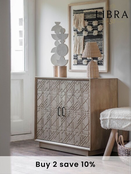 Libra Natural Drift Oil Geometric Carved 2 Door Wooden Cabinet (E06550) | £900