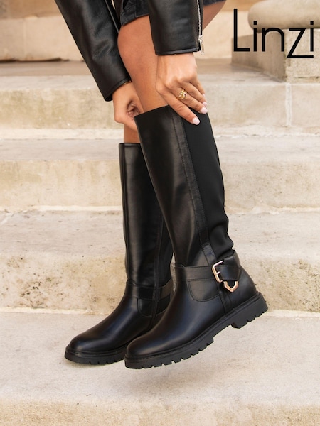 Linzi Black Regent High Leg Boots With Full Stretch Back Panel (E07500) | £60