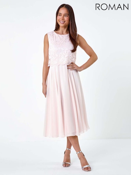 Roman Pink Lace Pleated Midi Dress (E07731) | £70
