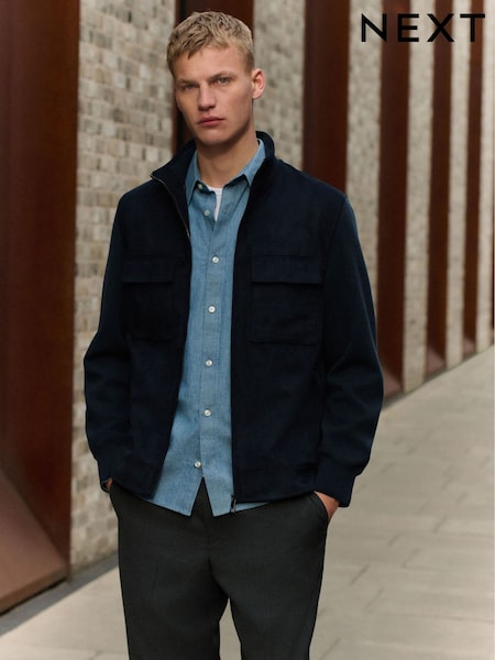 Navy Blue Faux Suede Jacket with Knitted Sleeves (E07799) | £79