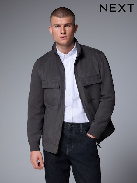 Mushroom Brown Faux Suede Jacket with Knitted Sleeves (E07800) | £79