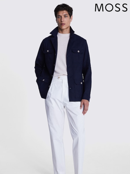 MOSS Navy Blue Matte Linen Safari Shirt (E07908) | £129