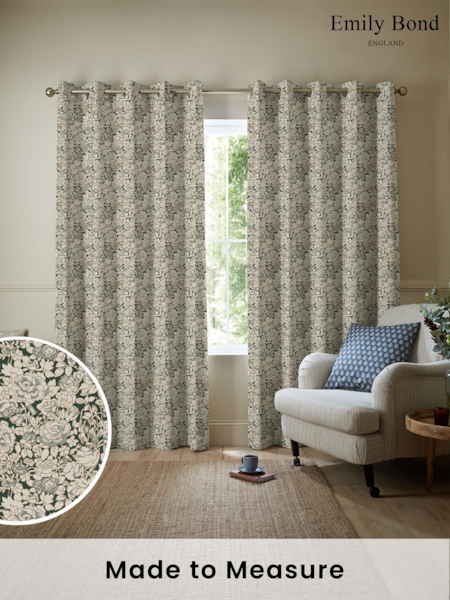 Emily Bond Vintage Blue Somerset Rose Made to Measure 100% Cotton Curtains (E07970) | £100