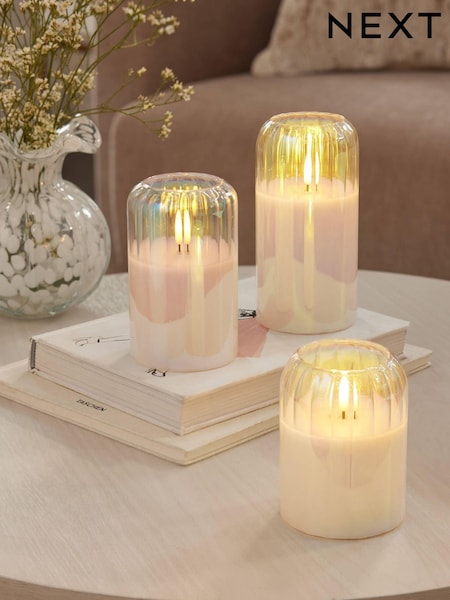 Set of 3 Iridescent Glass Ribbed LED Pillar Candles (E08219) | £24