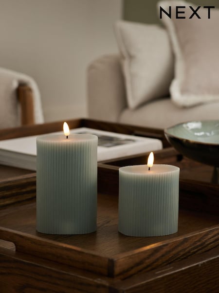 Set of 2 Sage Green Real Wax Ribbed LED Pillar Candles (E08223) | £14