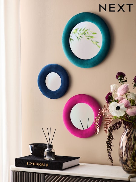 Set of 3 Pink Teal Blue Velvet Wall Mirrors (E08347) | £45