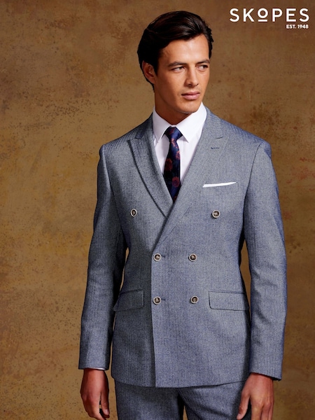 Skopes Blue Tailored Fit Herringbone Double Breasted Suit Jacket (E08395) | £140