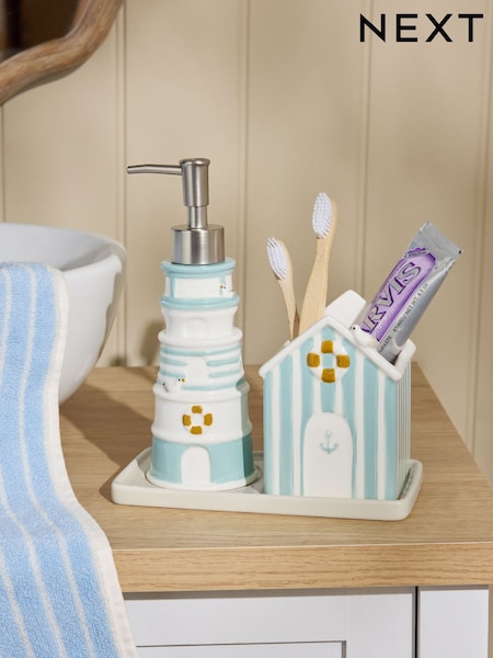 Blue Seaside Lighthouse Soap Dispenser, Tidy and Tray Set (E08453) | £25
