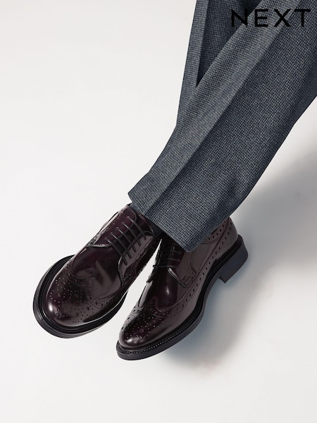 Burgundy Red Leather High Shine Brogues Shoes (E08462) | £58