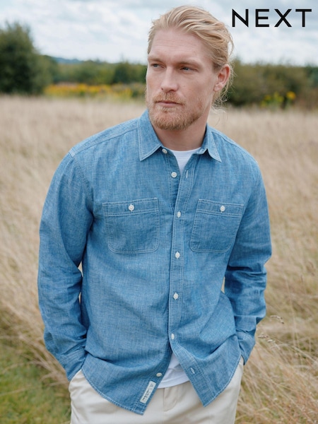 Blue Long Sleeve Chambray Denim 100% Cotton Shirt (E08506) | £35