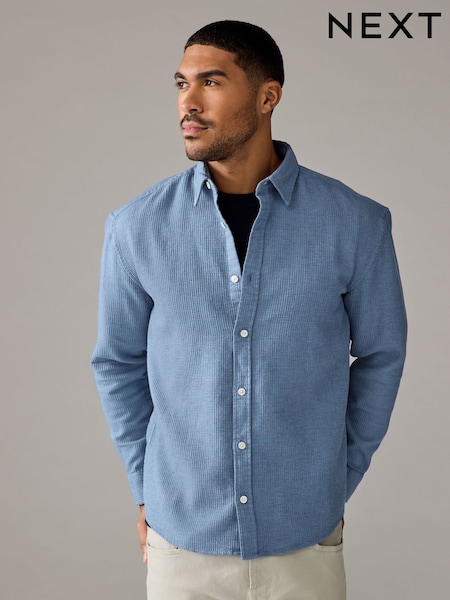 Blue Textured Waffle Long Sleeve 100% Cotton Overshirt (E08509) | £32