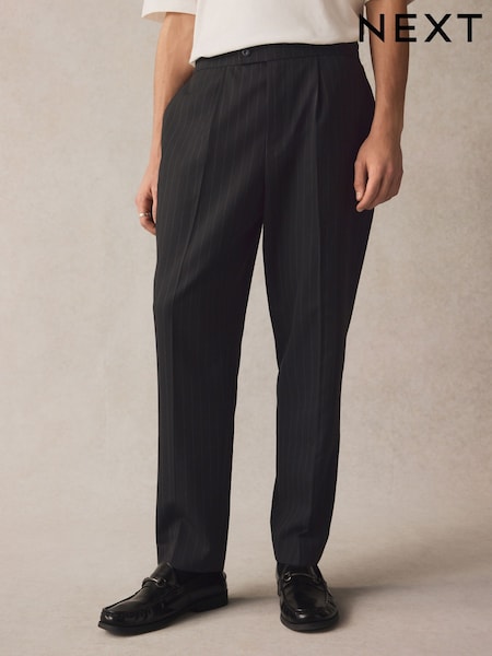 Black Elasticated Waist Regular Fit Pinstripe Half Pleated Trousers (E08554) | £36