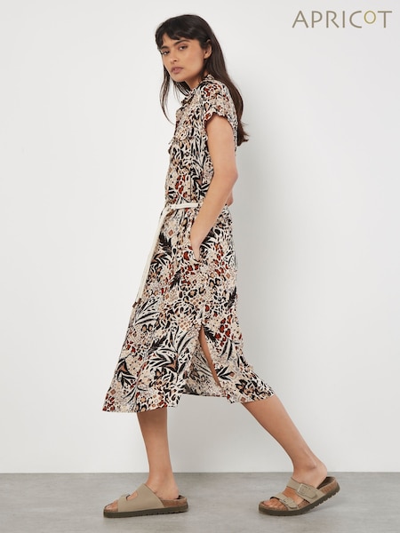 Apricot Natural Animal Print Belt Midi Shirt Dress (E09282) | £46