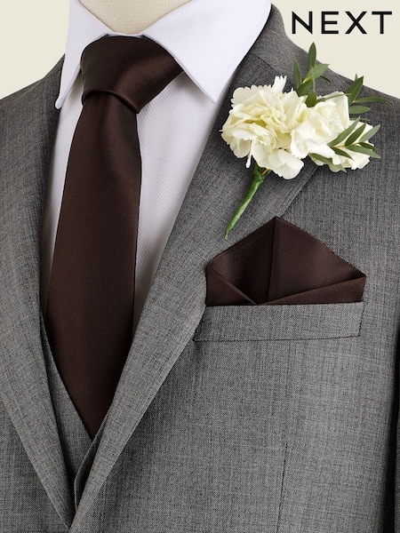 Chocolate Brown Silk Tie And Pocket Square Set (E09959) | £28