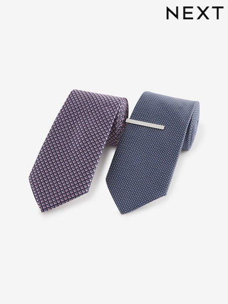 Pink/Navy Blue Textured Ties And Tie Clips 2 Pack (E10049) | £22