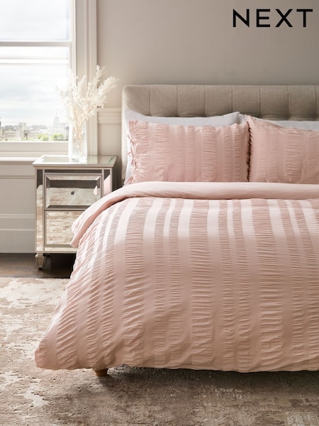 Pink 100% Cotton Seersucker 200 Thread Count Duvet Cover and Pillowcase Set (E10390) | £55 - £85